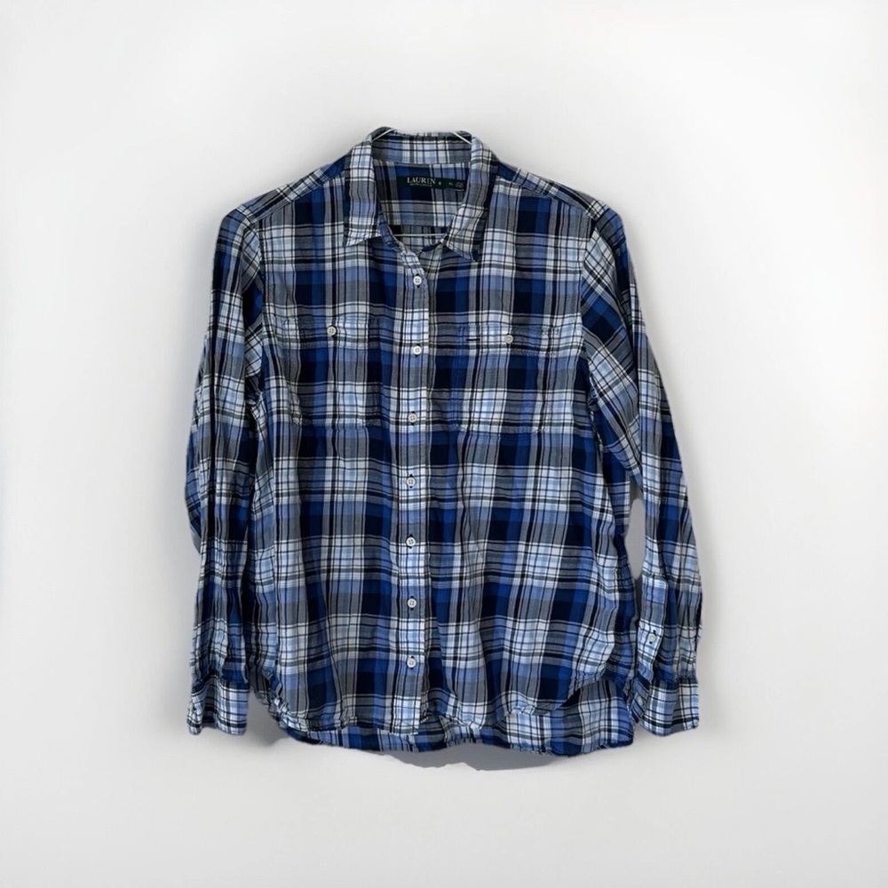 Lauren Ralph Lauren Unisex Blue, White and Black Plaid Shirt Fits a Medium